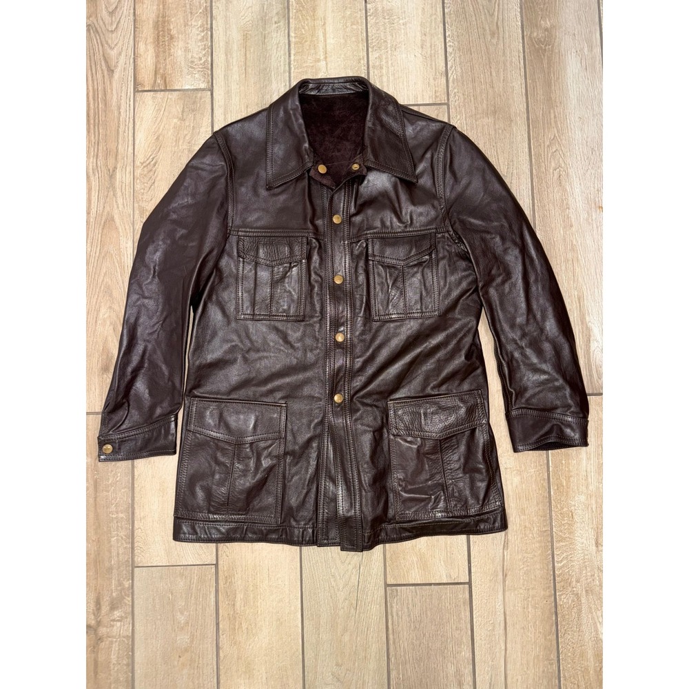 Vintage Leather Jacket Brown‎ Four Pocket Button Up Collared Coat